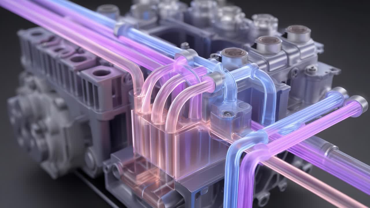 Detailed Representation of a Complex Mechanical System Featuring Intertwined Fluid Channels with Color-Coded Fluids, Showcasing Technical Engineering Design and Innovative Functionality