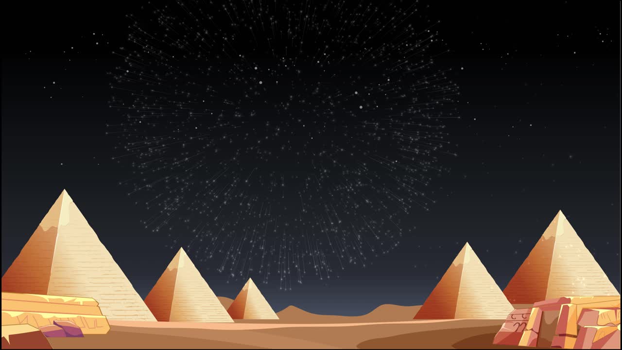 Noční obloha s ohňostrojem explodujícím nad egyptskými pyramidami