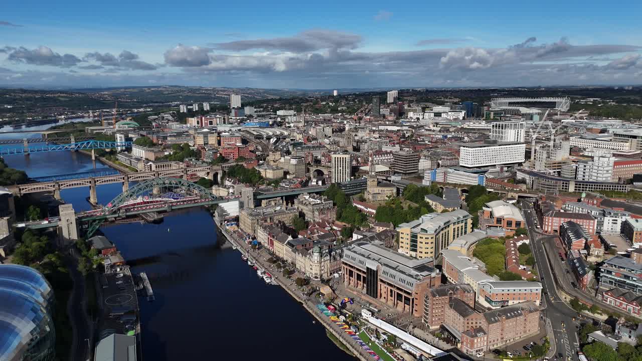 Drone Aerial Footage of Newcastle and Gateshead — River Tyne, Bridges, St ’ Park, City Centre Skyline, UK north east england tyneside