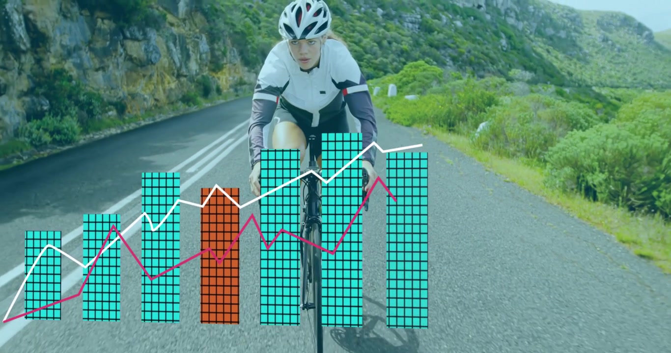 Ciclista su strada, appare una linea di tendenza con un grafico a barre tecnologico che inizia a salire sullo sfondo