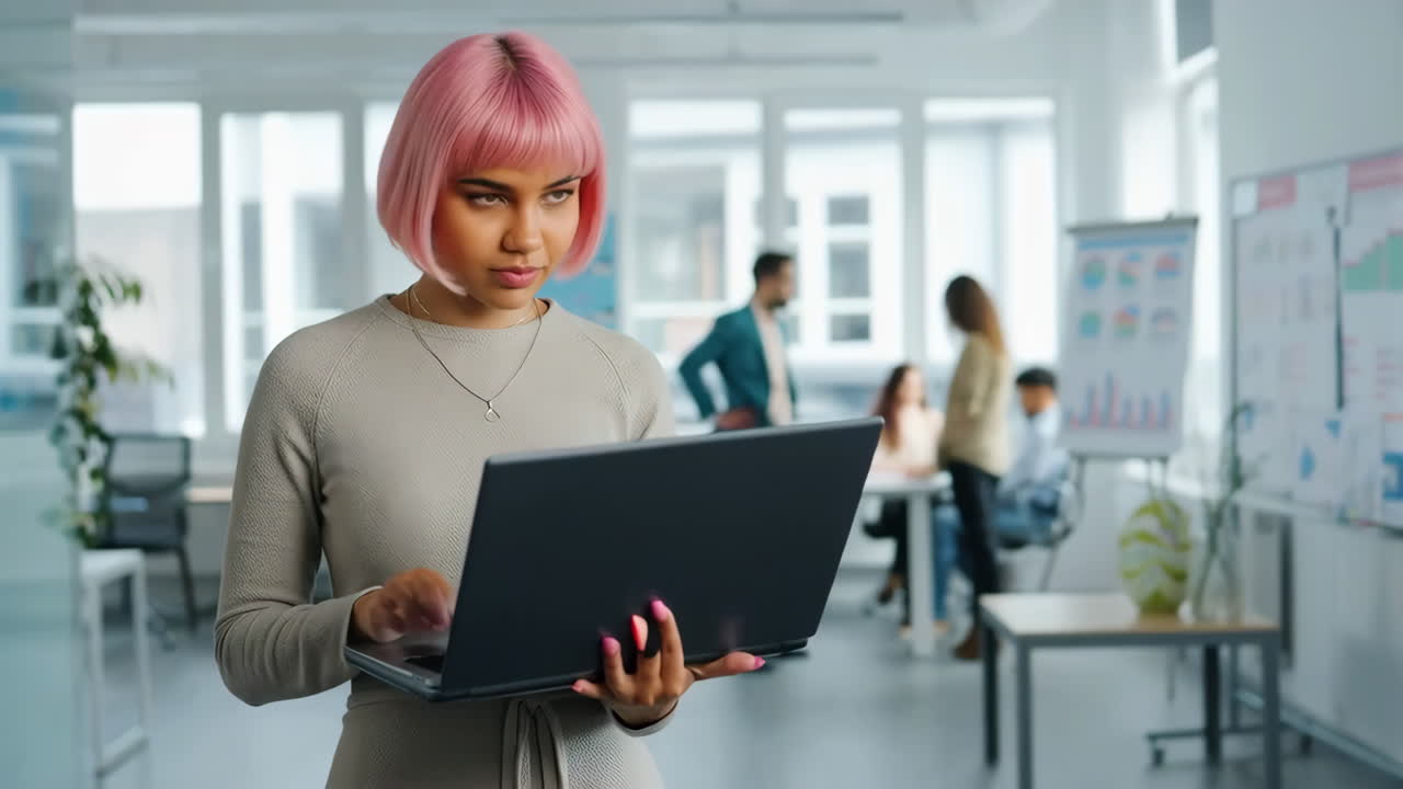 A woman with pink hair working on a laptop in a modern office with colleagues in the background