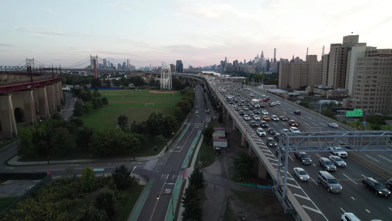 Traffic on New York's I-287 Expressway between Manhattan and Queens, 4K drone shot