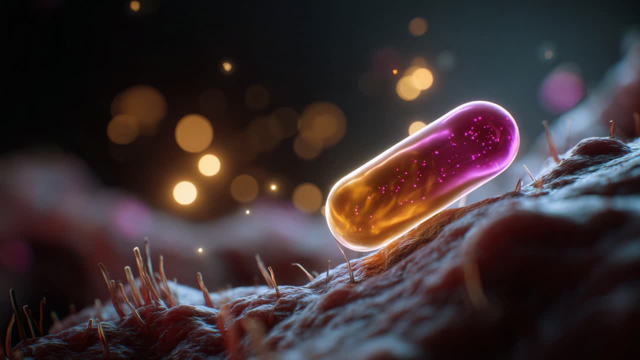 A Vibrant Capsule Gliding Over Microbial Terrain, Illuminating the Microscopic World with a Colorful Display of Particles and Subtle Bokeh Effects