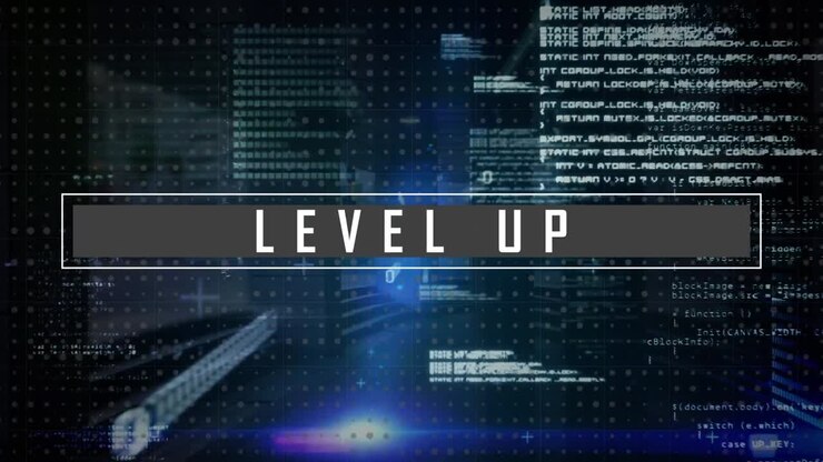 Unique digital video of level up text with computer coding in background