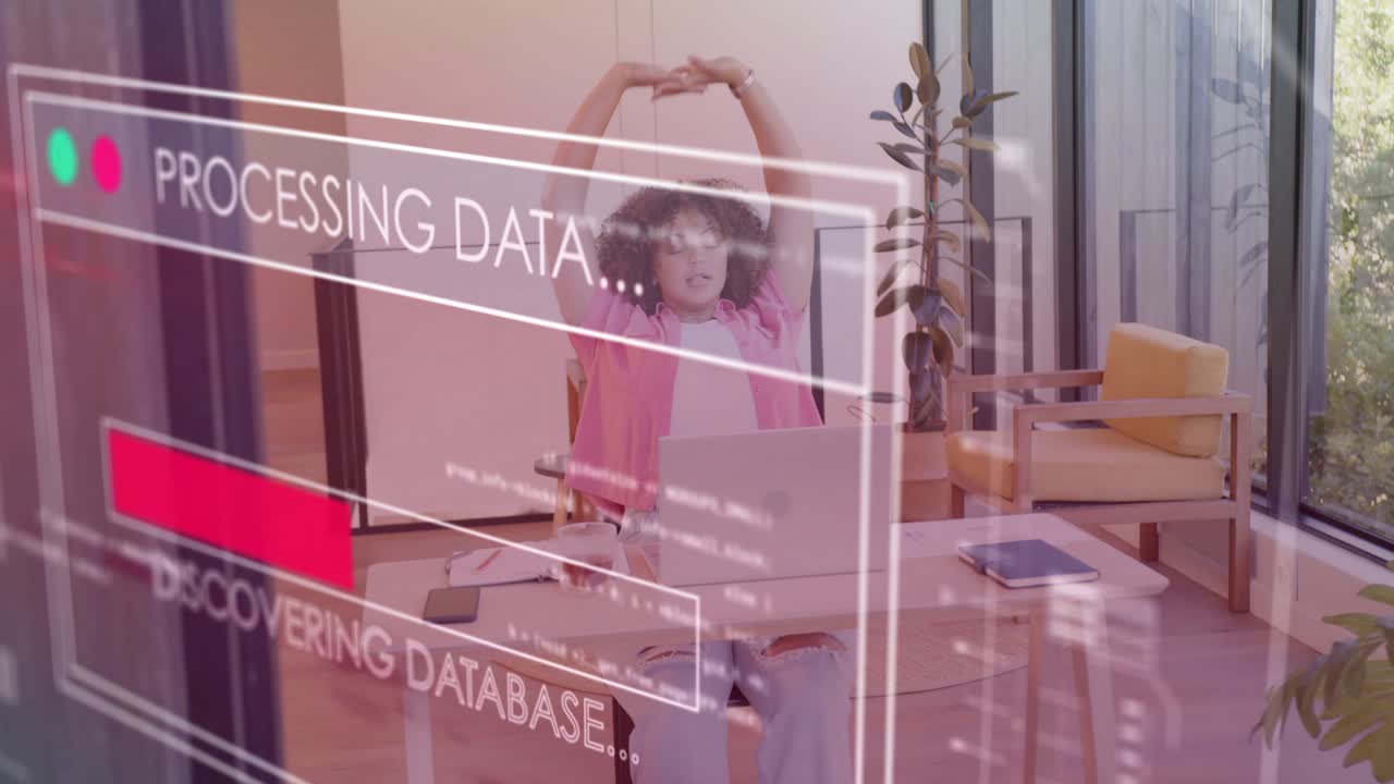 Woman typing on laptop as server connecting, glass bar overlay mirroring typing for data recovery