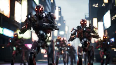 a futuristic parade of robotic warriors with glowing eyes marching through a neon-lit cityscape in a dystopian world where technology reigns supreme