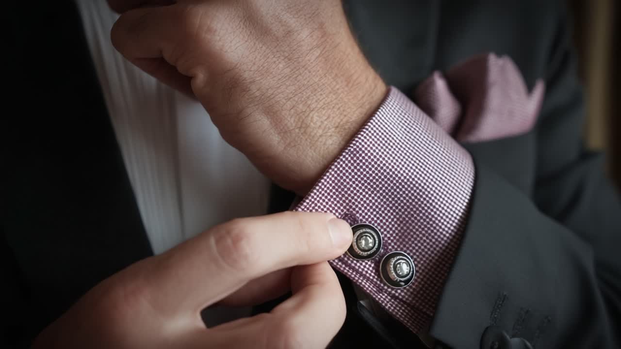 A Stylish Man Adjusts His Cufflinks While Preparing for a Formal Event, Showcasing Elegant Tailoring and Attention to Detail in His Attire