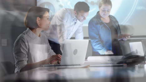 animation of busy people walking over diverse business people in office