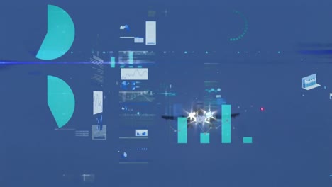 animation of statistical data processing against airplane flying in the sky