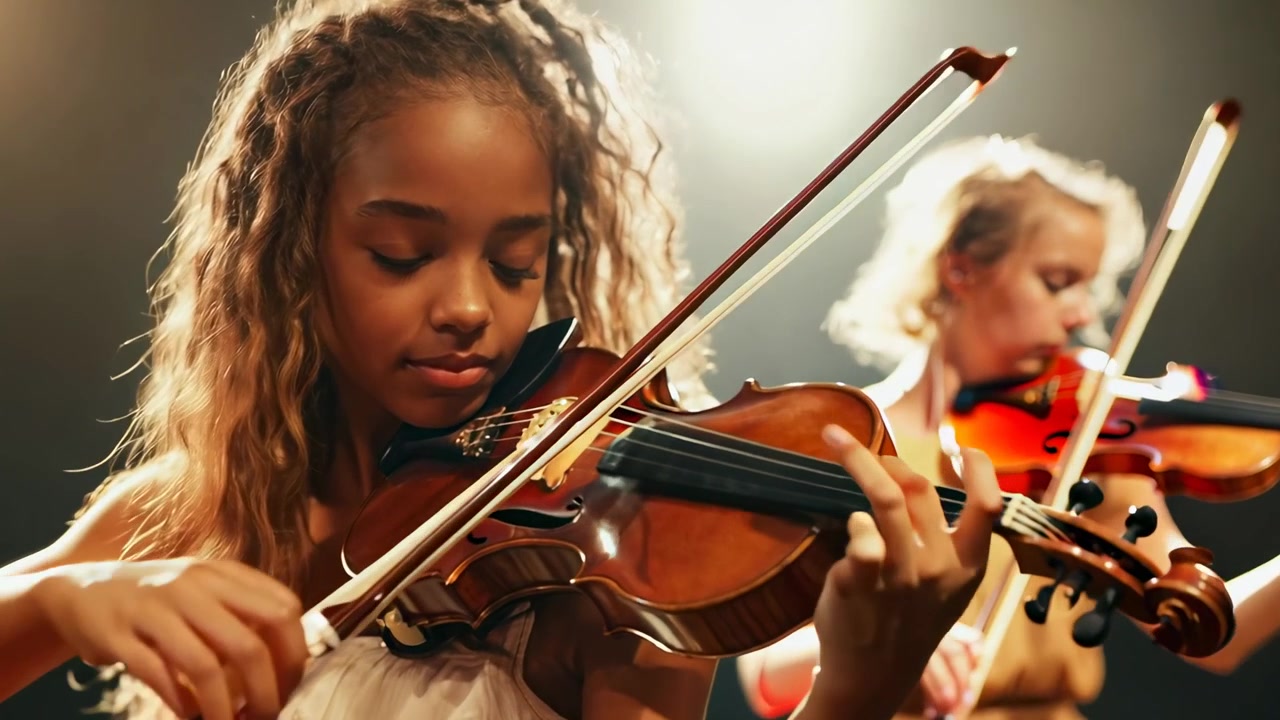 Giovane ragazza che suona il violino in un'esecuzione orchestrale