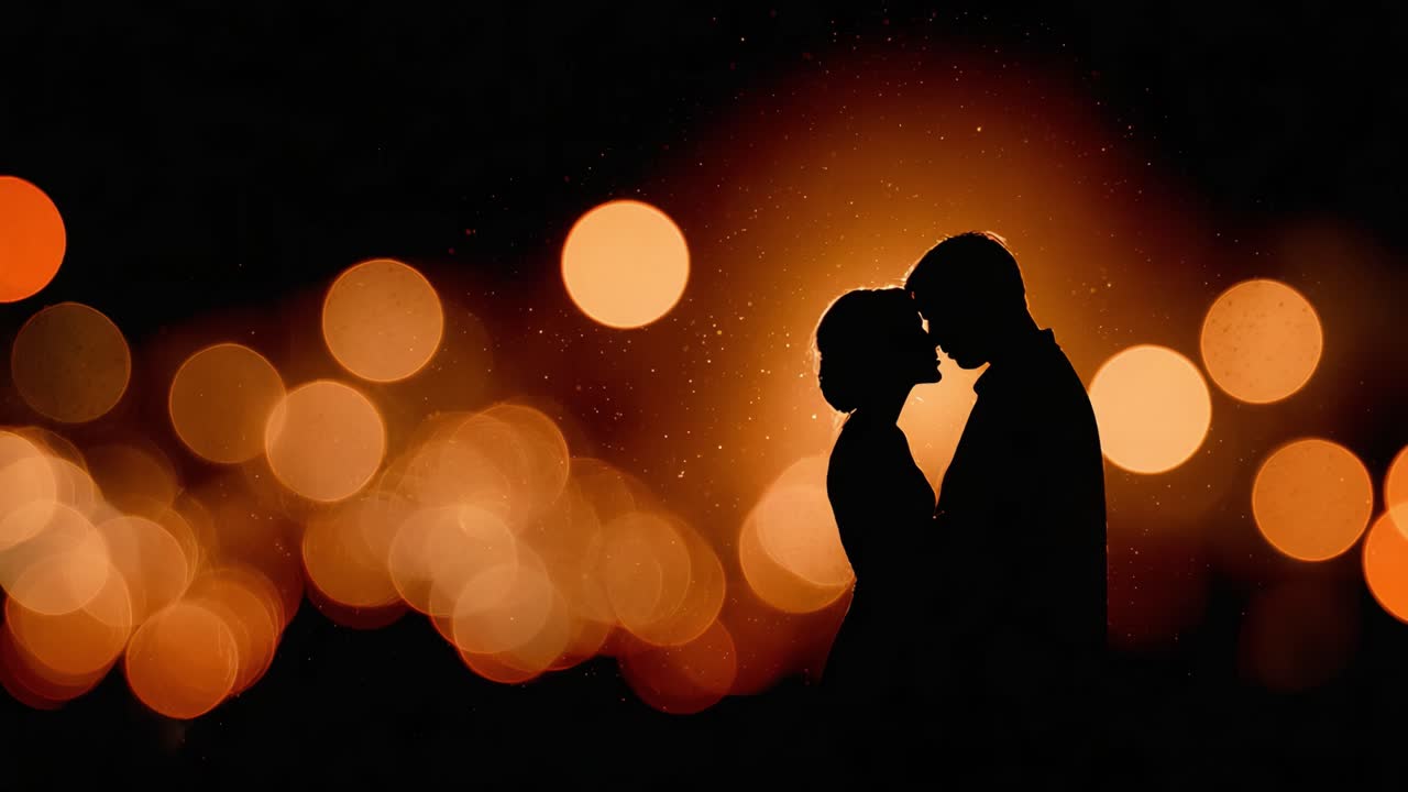A Romantic Embrace: Capturing the Intimate Moment of Two Lovers Sharing a Tender Kiss Amidst a Beautifully Lit Background of Glowing Orbs