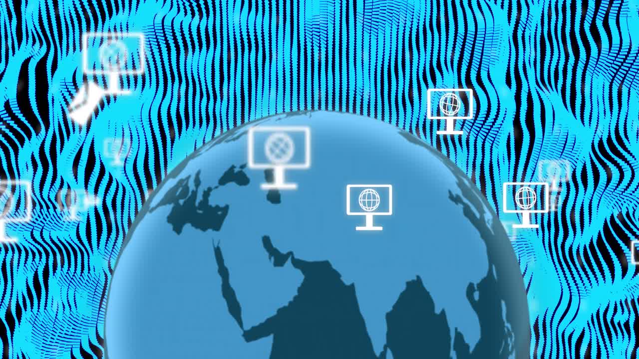 움직이는 모양 위에 미디어 아이콘과 함께 회전하는 지구의 애니메이션