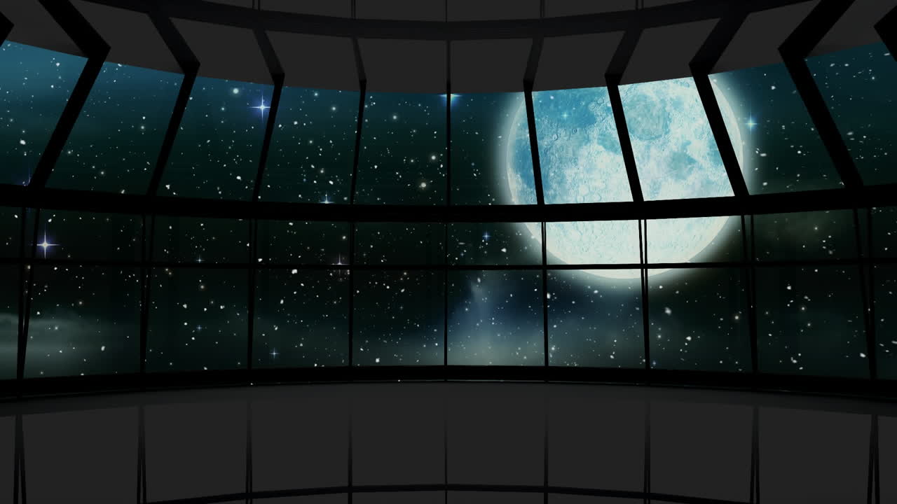 animación de una ventana sobre el cielo con luna, estrellas y nieve en navidad
