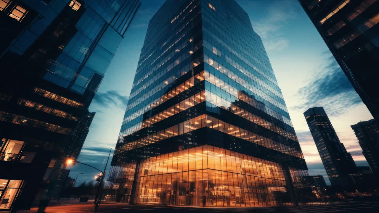 Dramatic low-angle shot of a modern glass skyscraper at dusk, capturing its illuminated interior