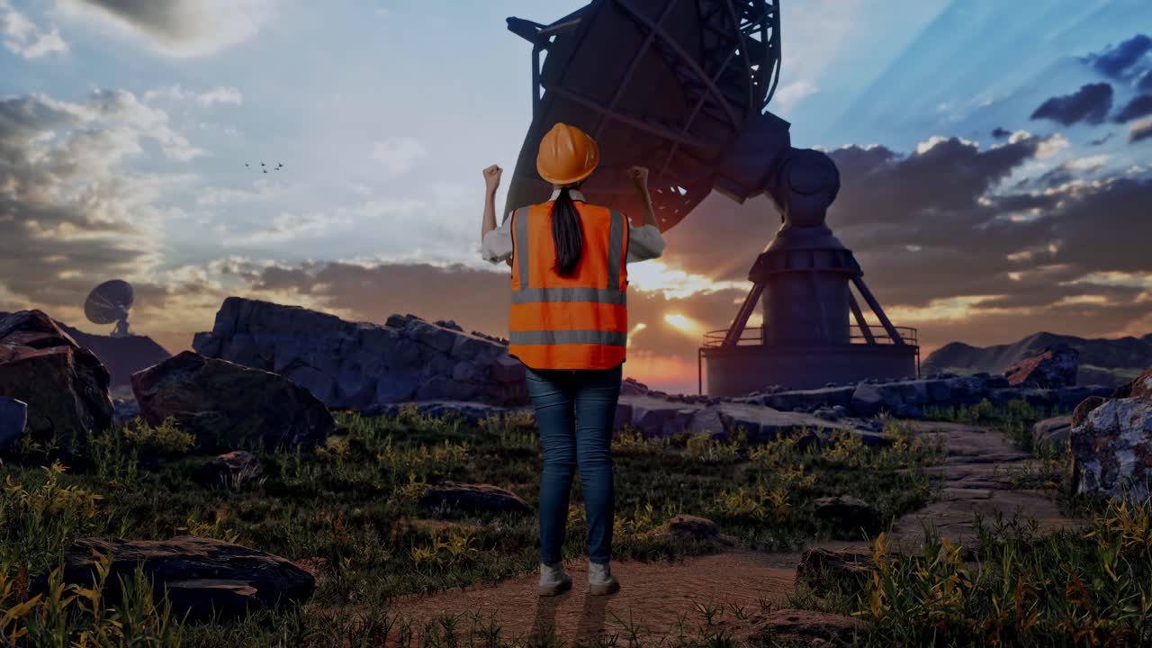 Full Body Back View Of A Female Engineer With Safety Helmet Raising Her Hands Celebrating While Working With Large Satellite Dish