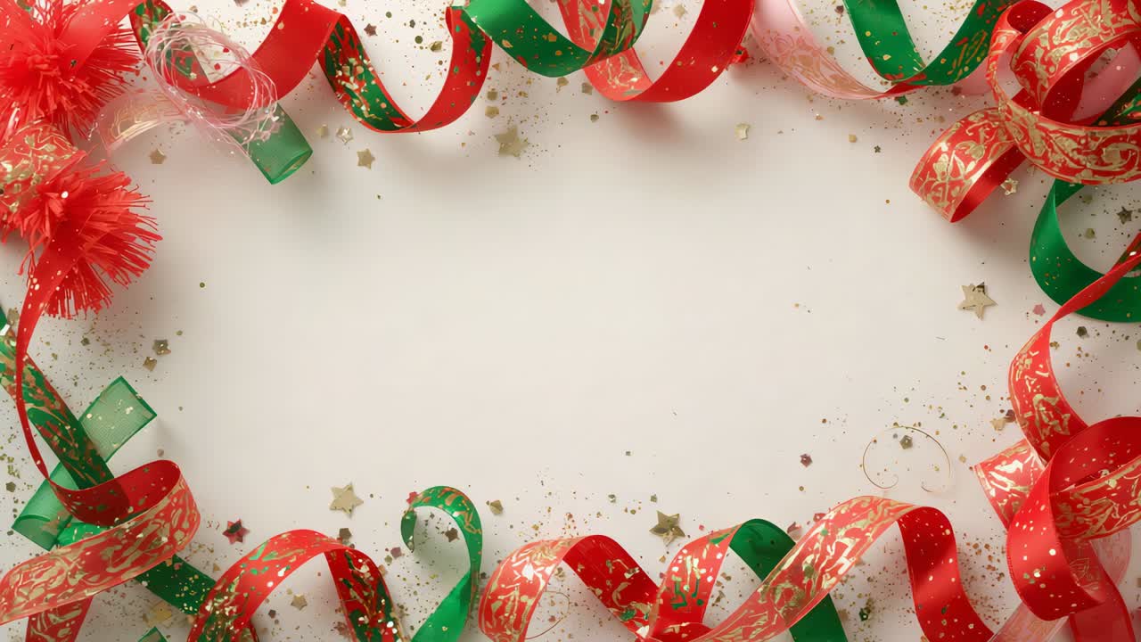 Shifting holiday ribbon frame showing pom-pom curl settling and confetti moving on white tabletop