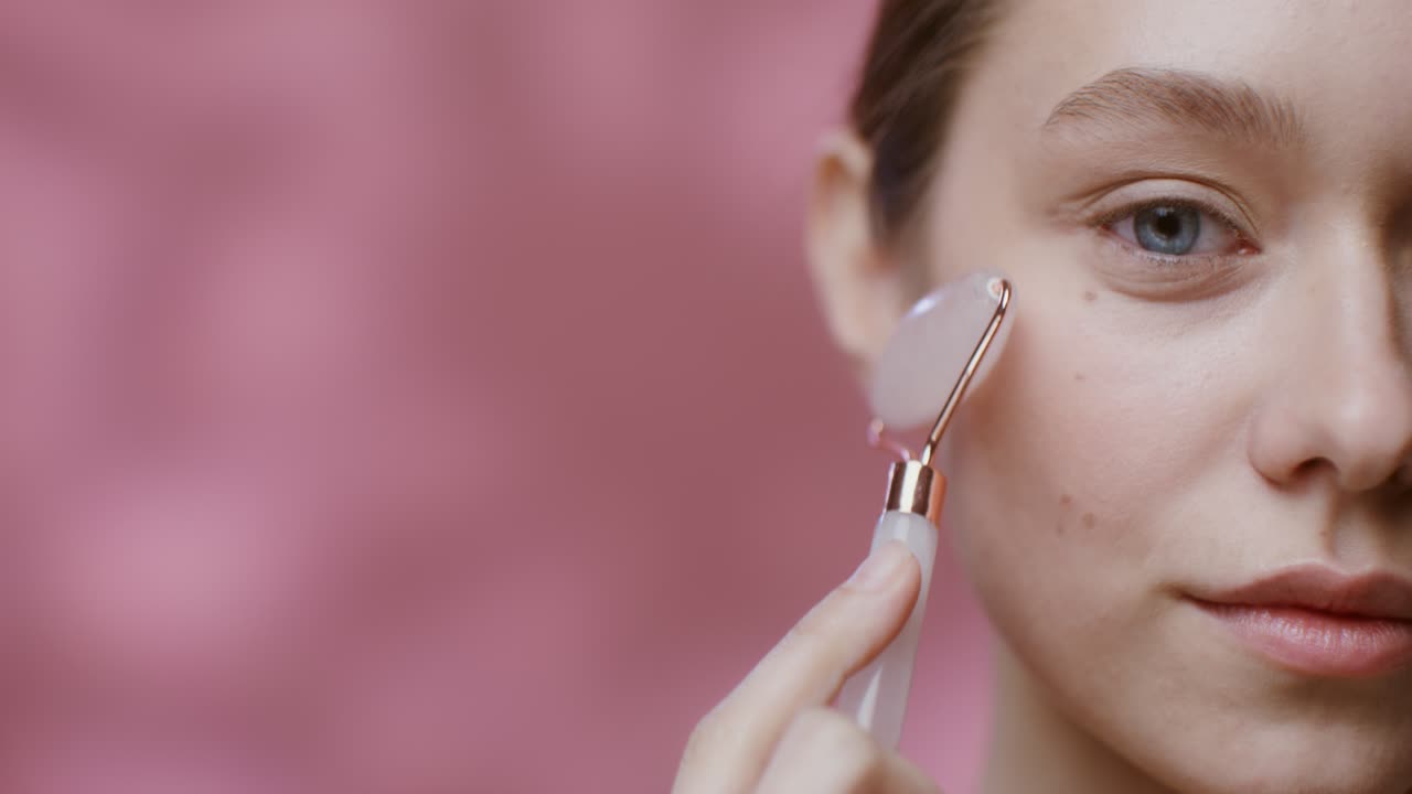 mujer usando un rodillo de jade para el masaje facial