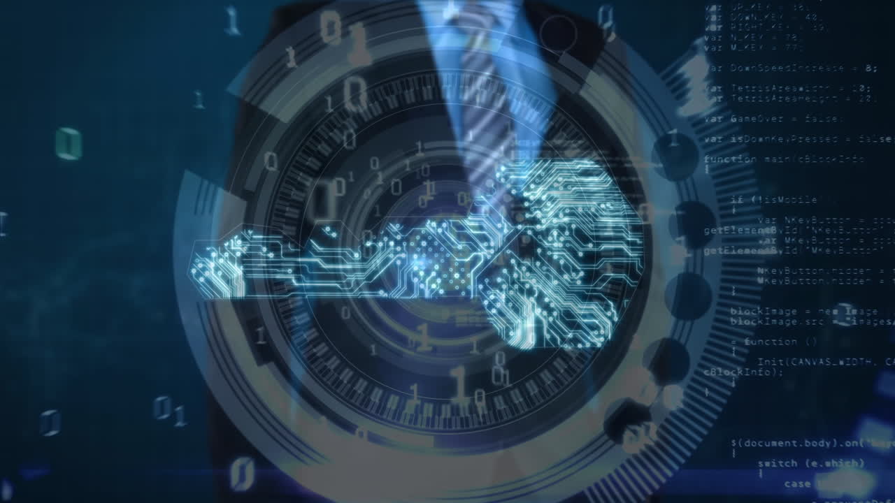 터치 스크린을 사용하는 백인 사업가의 손 위에 바이너리 코드와 디지털 키의 애니메이션