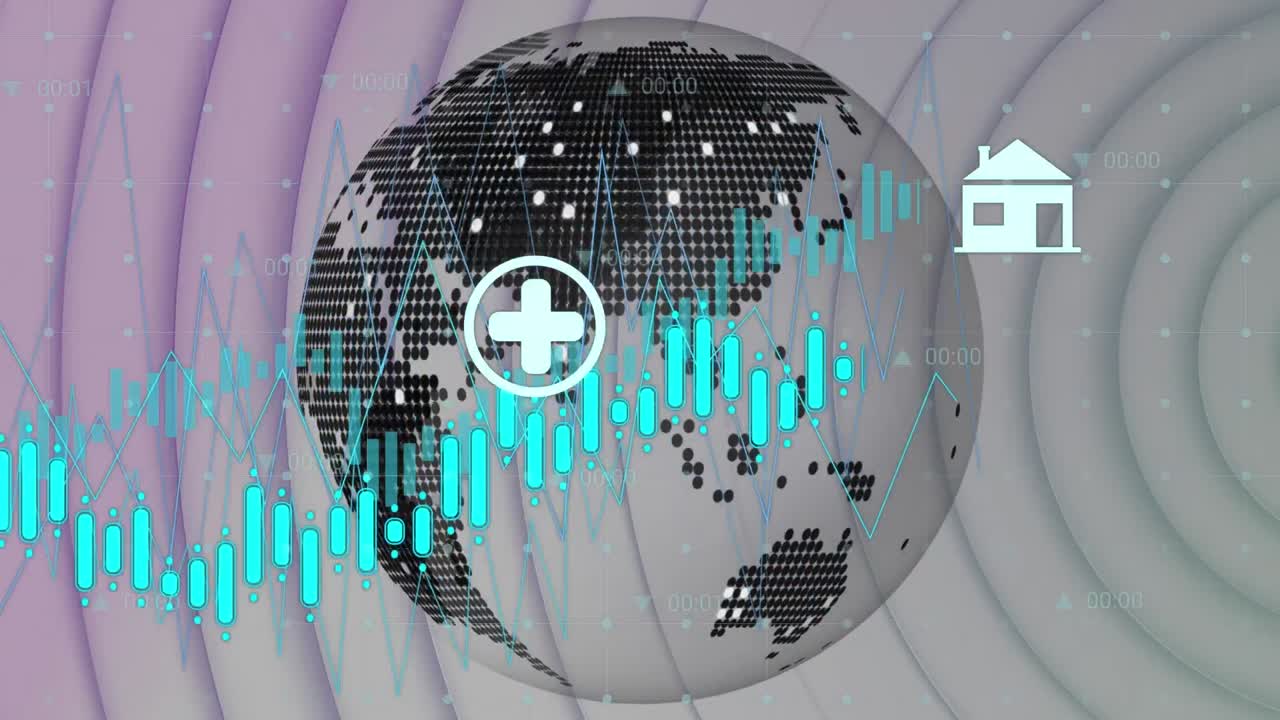 animación de iconos digitales y procesamiento de datos sobre un globo giratorio contra círculos concéntricos.