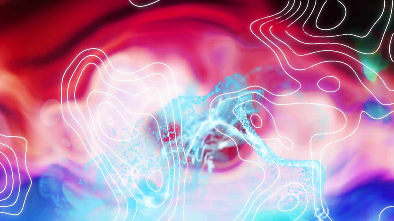 Animation of topography patterns moving over colorful liquid shapes patterns textured background