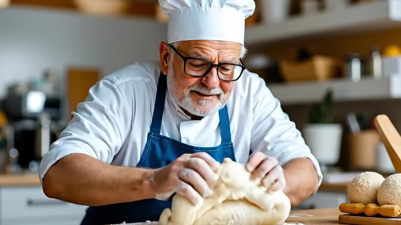 Een man met een koksmuts en schort die deeg kneedt op een tafel.