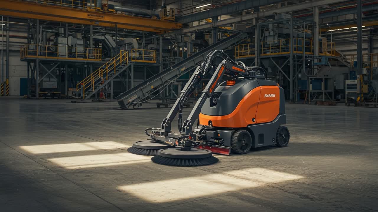 Advanced Industrial Cleaning Machine in Action: Enhancing Efficiency in Warehouse Environments with Innovative Technology for Optimal Floor Maintenance and Dirt Removal