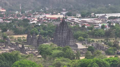 ancient prambanan temple in indonesia. cultural and historical site in yogyakarta. drone panorama