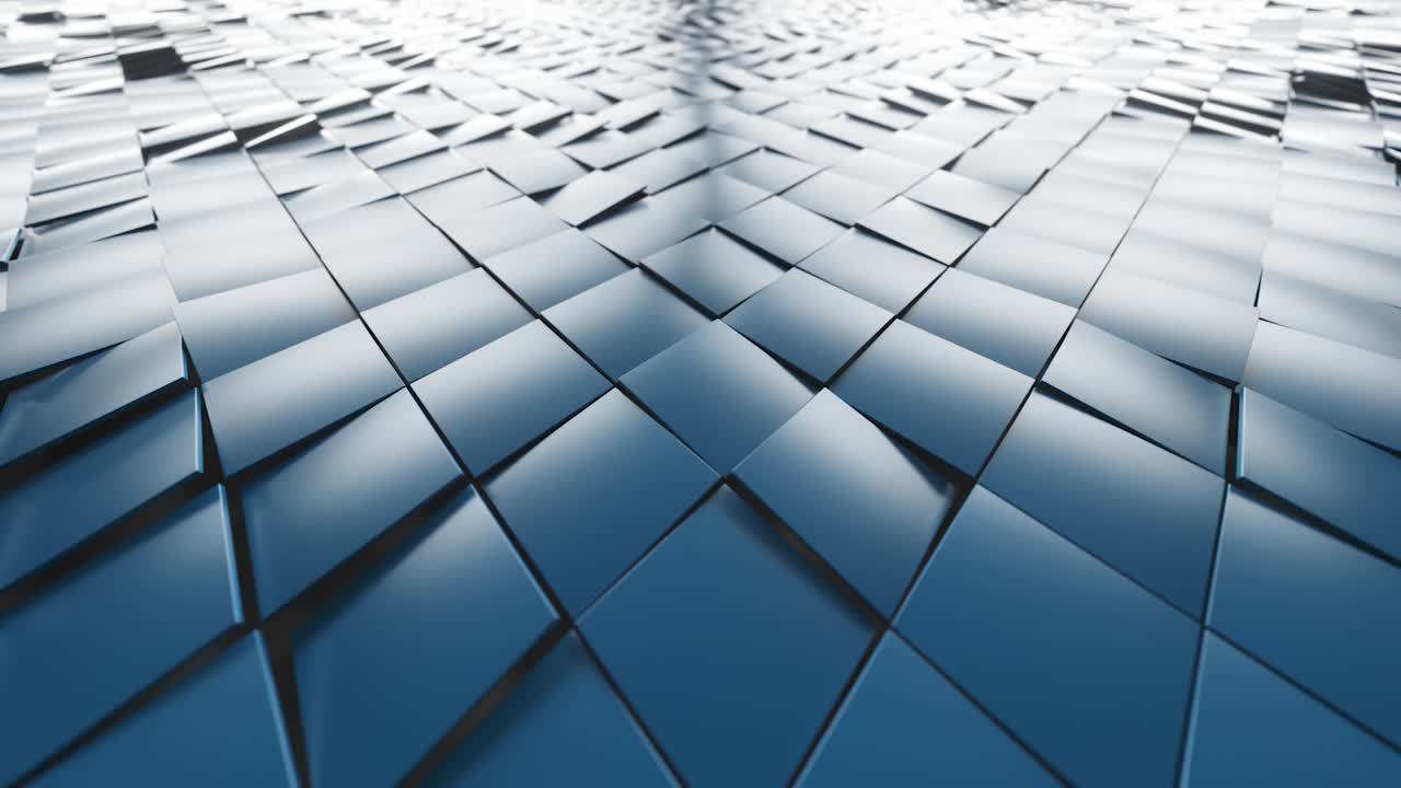 Abstract modern background from cubes. Blue rotating diagonal squares. Ultra-wide camera angle. 3d animation of seamless loop.