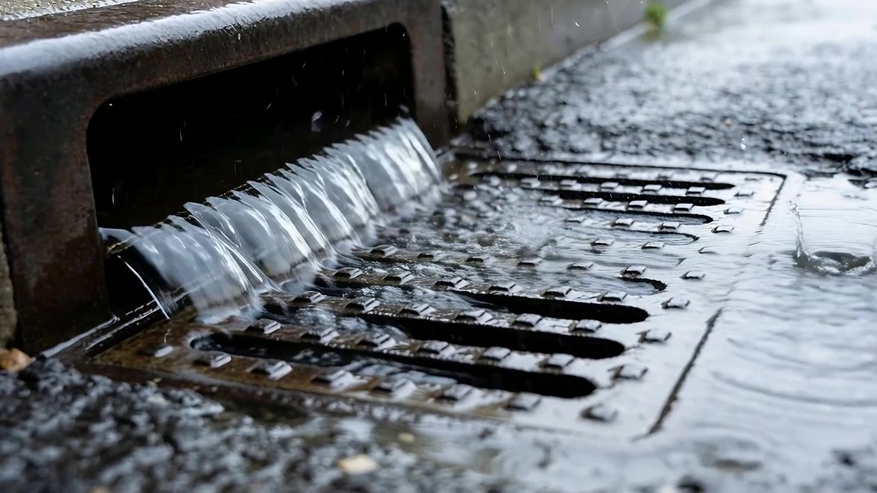 Évacuation métallique d'eaux pluviales en écoulement déversant le ruissellement sur une grille au niveau du trottoir, la pluie alimentant le drainage.