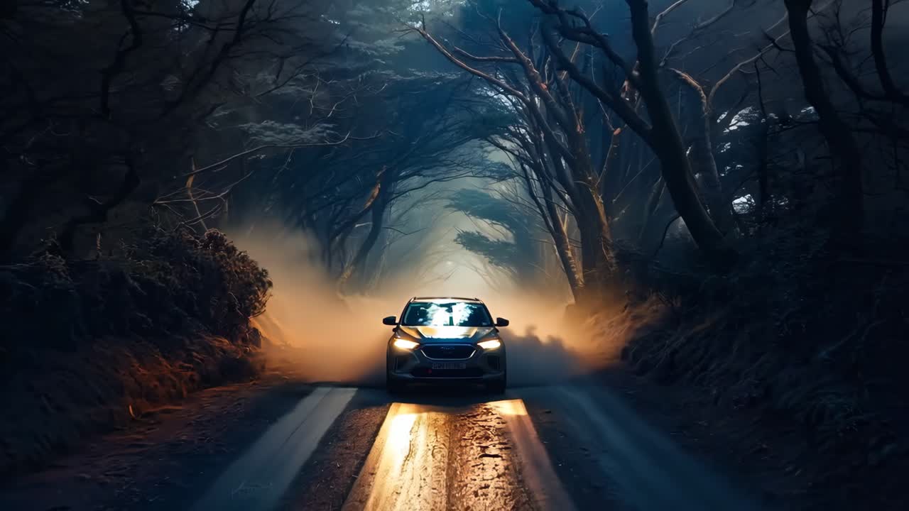 un coche conduciendo por un camino oscuro en el medio de un bosque