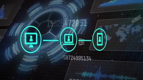 animation of network of connections with icons over scope scanning and data processing