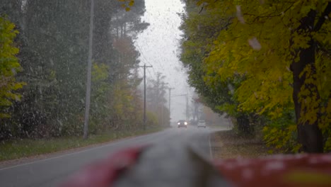 cars driving on the street during a heavy snowfall while colors of fall leaves cling to the trees