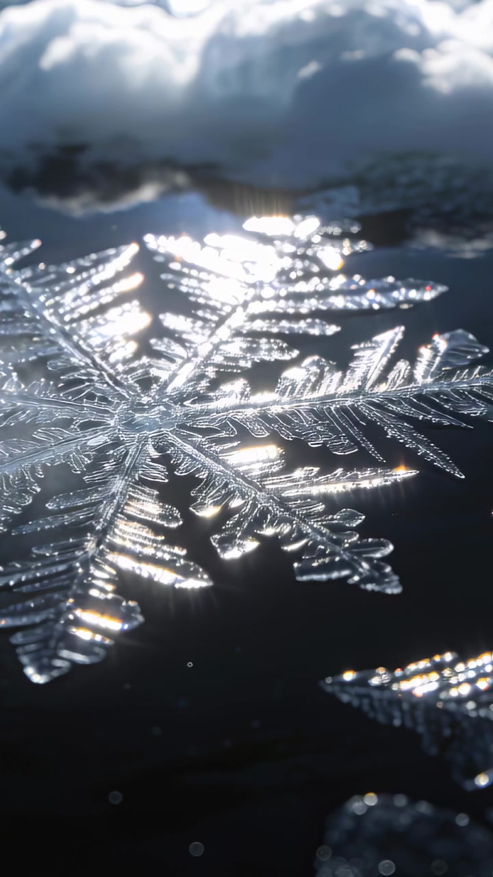 Video verticale: Fiocco di neve scintillante posato su una superficie scura, con il bagliore del sole che crea riflessi bokeh