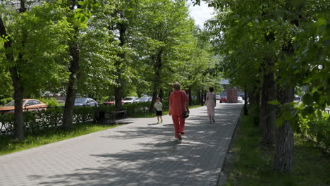 people walking on a paved city path with trees