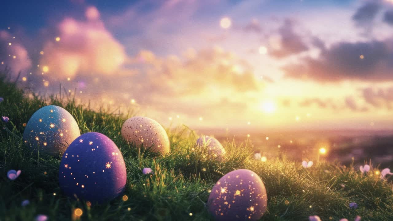 A dreamy landscape video with a low-angle view of a grassy hill adorned with glowing mushrooms