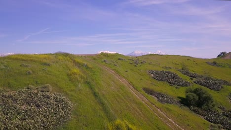 Luftüberflug-über-Einen-Grasbedeckten-Hügel,-Der-Einen-Weiten-Panoramablick-Auf-Die-Stadt-Und-Autobahnen-Bietet,-Wobei-Die-Stadtentwicklung-Bis-Zu-Den-Ausläufern-Des-Schneebedeckten-Angeles-National-Forest-In-Der-Ferne-Reicht