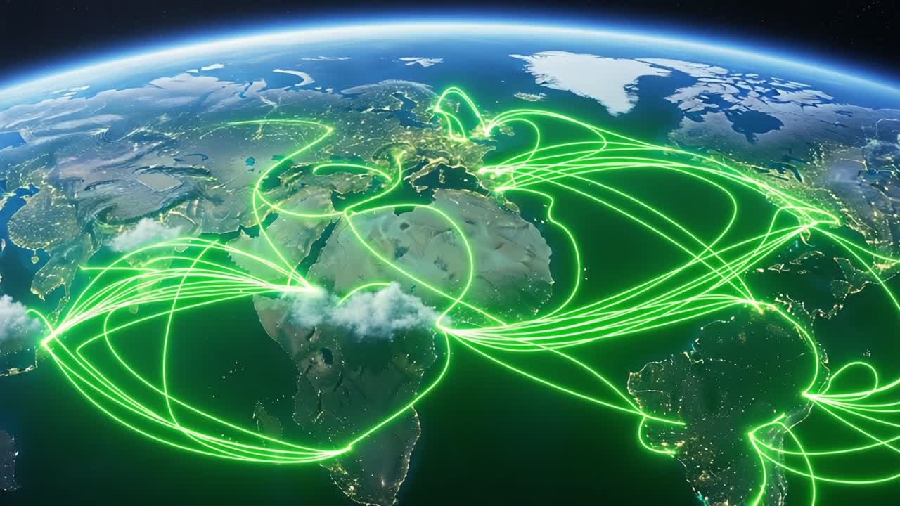 Stunning Visualization of Global Connectivity: A Satellite View Depicting the Network of Trade Routes and Data Transfers Across Continents