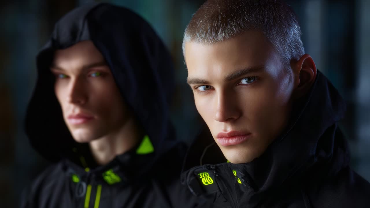 A striking portrait of two young men with intense gazes, showcasing modern fashion and sleek designs of outerwear, emphasizing cool tones and sharp features, evoking a sense of confidence and style