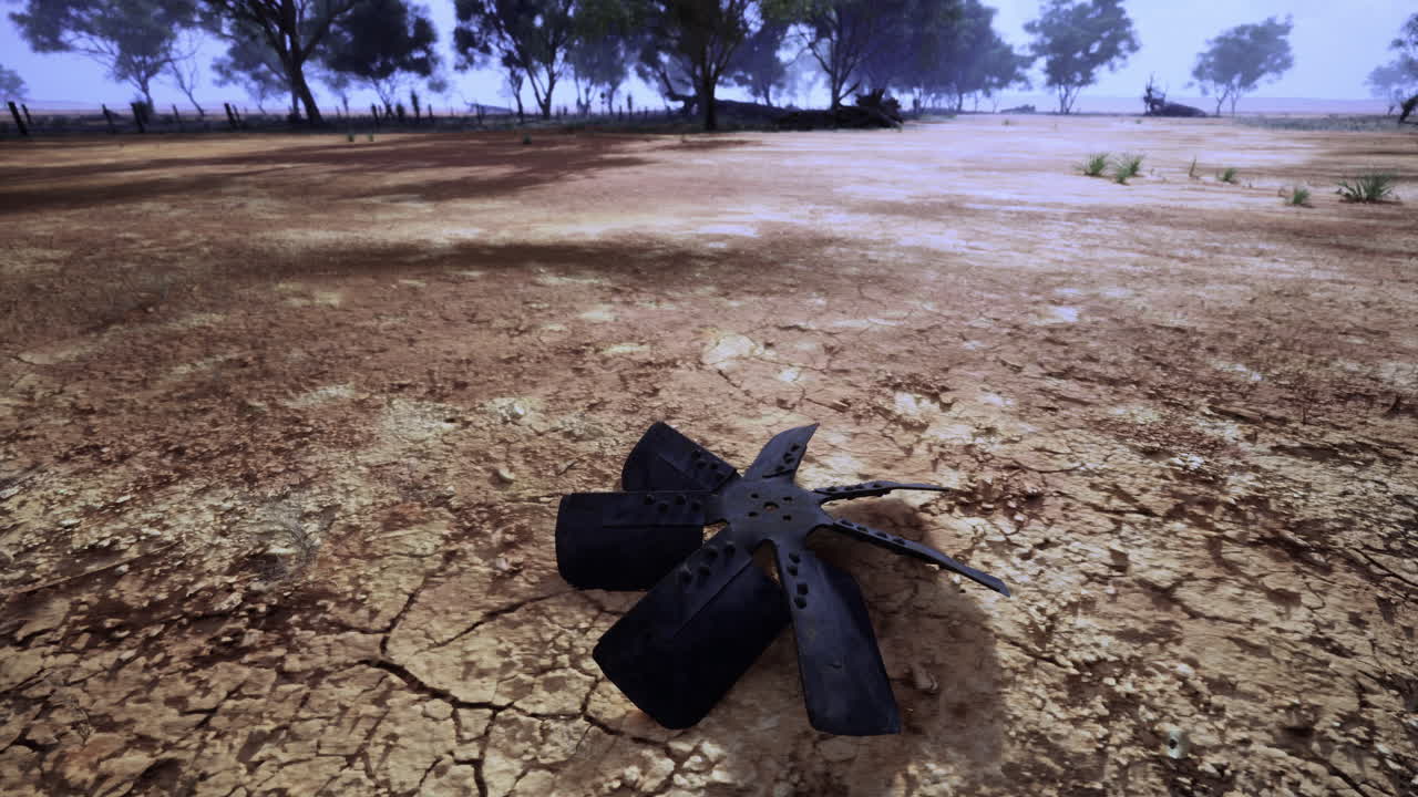 A weathered propeller lies on dry cracked ground in an abandoned outdoor area