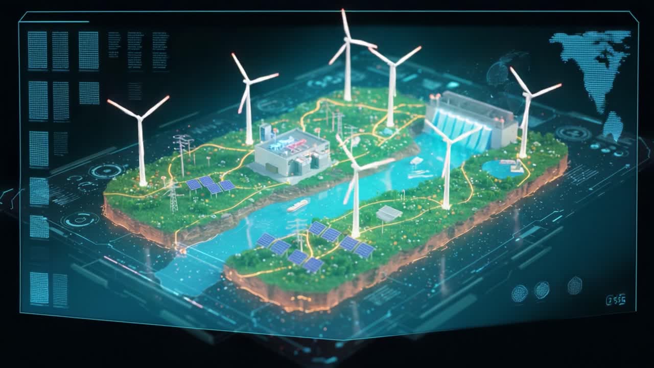 A Cutting-Edge Visualization of Renewable Energy Solutions Featuring Wind Turbines, Solar Panels, and Hydropower in a Futuristic Landscape Model