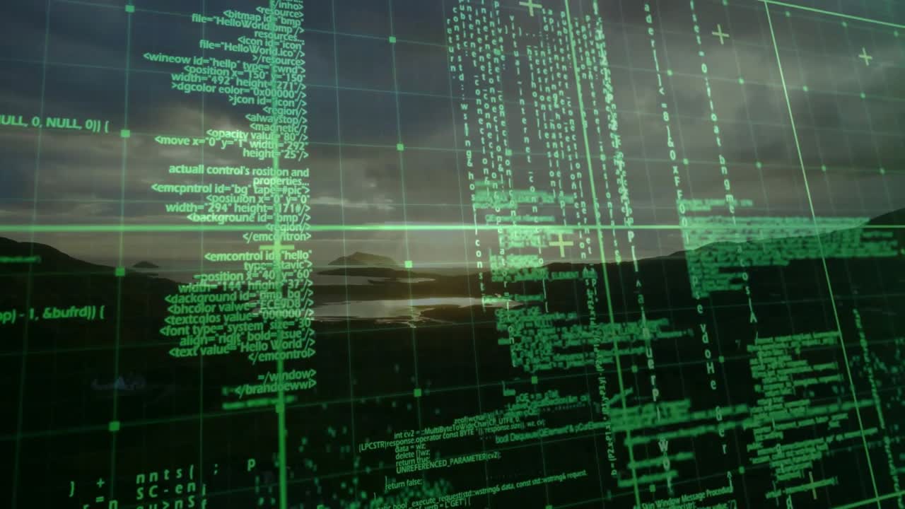sunset glow initiating green grid overlay scanning shore while code columns shifting into clusters