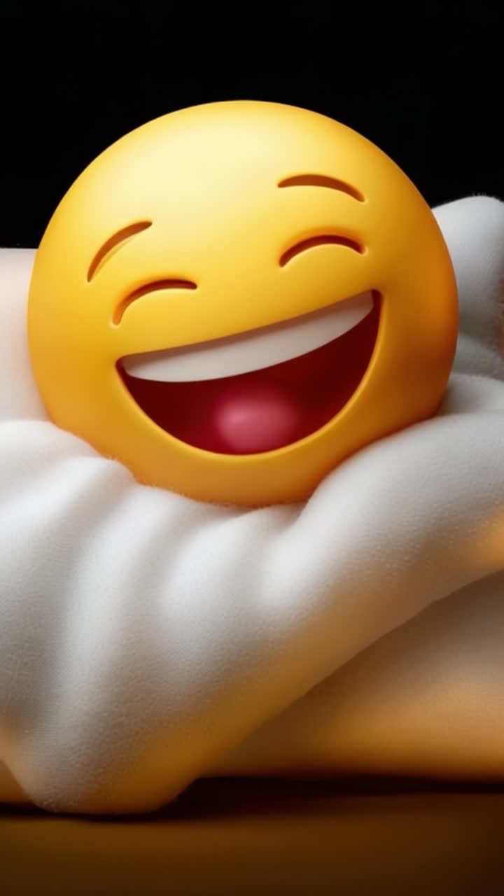 Una faccina emoji sorridente e gioiosa che si rilassa comodamente su un morbido cuscino, irradiando felicità e allegria in un ambiente luminoso e accogliente