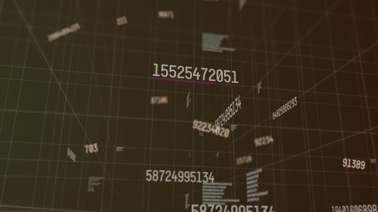 animación digital de múltiples números cambiantes flotando contra la red de la cuadrícula sobre un fondo negro