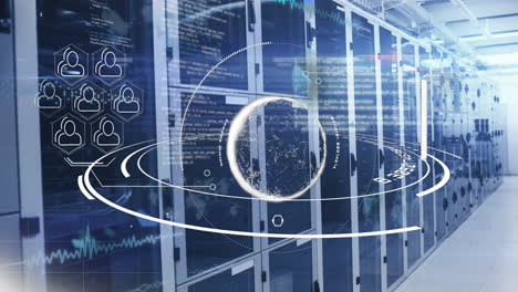 Animation-of-spinning-globe,-profile-icons-and-data-processing-against-computer-server-room