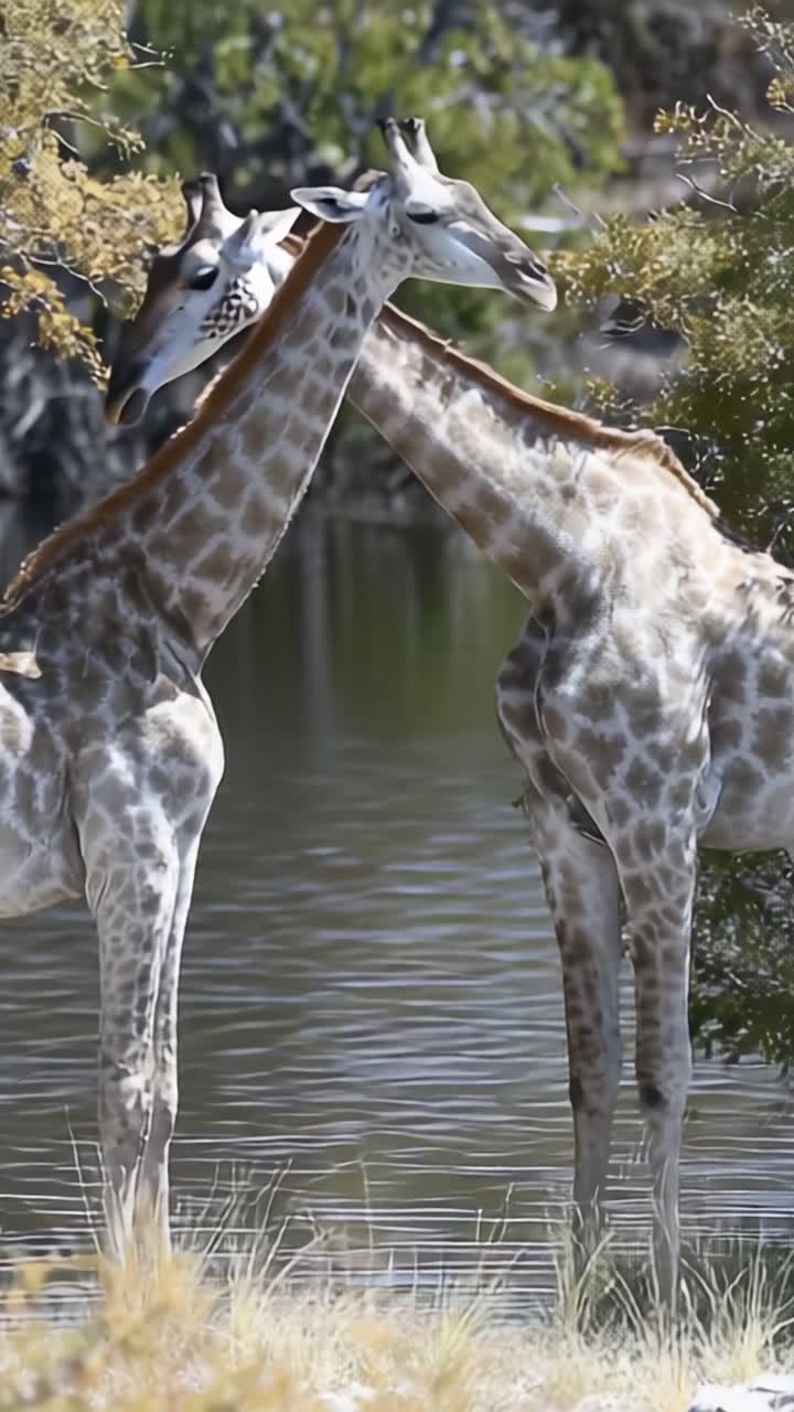 Two Giraffes Gently Intertwining Necks by the Water's Edge, Capturing the Beauty of Nature and Animal Bonds in Their Natural Habitat