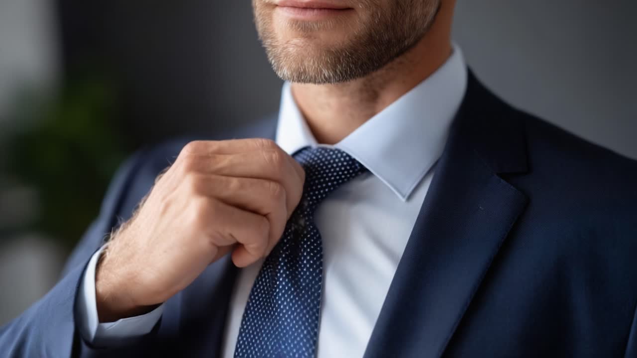 A Professional's Touch: Adjusting a Neatly Tied Tie in a Stylish Suit, Preparing for a Confident Presentation or Meeting