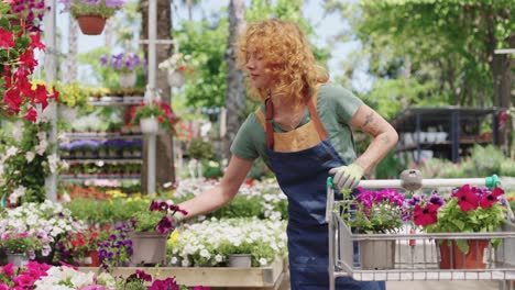 woman gardening with flowers in garden center