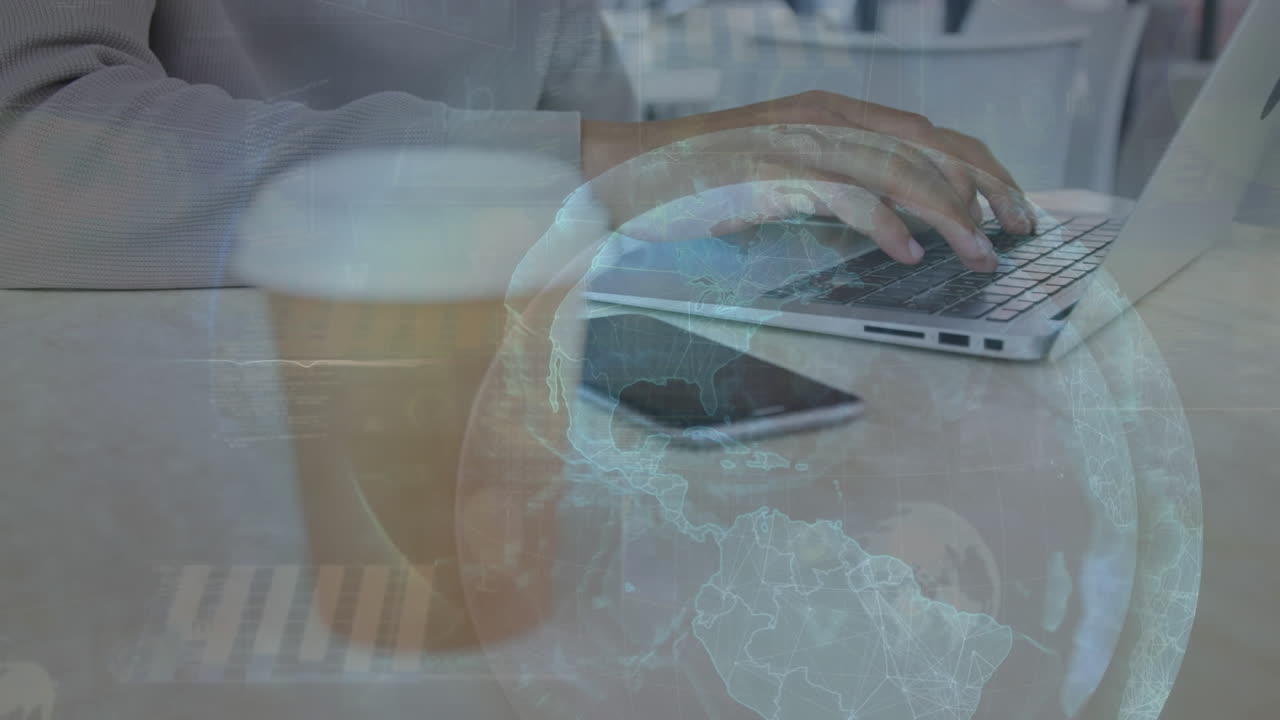 Animation of cyber security data processing and globe over mid section of man using laptop at a cafe