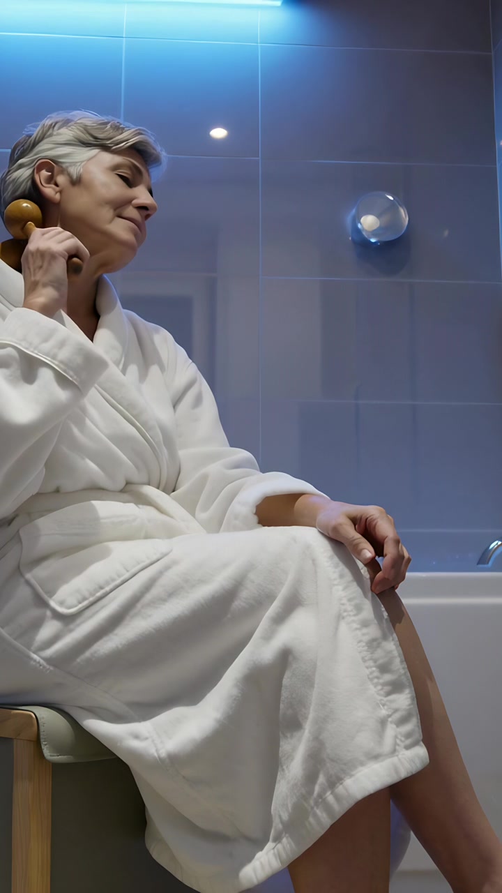 Vertical video: Holding wooden roller, senior woman in white robe rolling neck in bathroom to relax