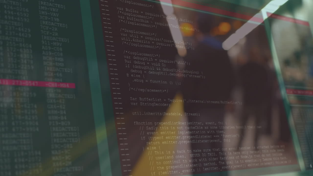 Computer code and data processing animation over blurred city lights background